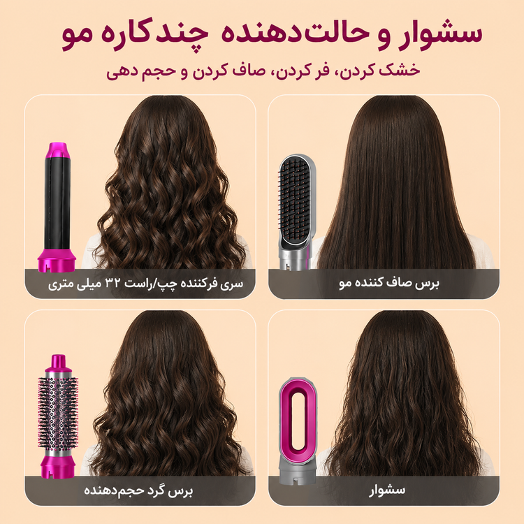 سشوار حرفهای ۵ کاره اورجینال مدل TP-5+1 | ایر استایلر برسدار با فناوری یون منفی و ۵ سری کاربردی